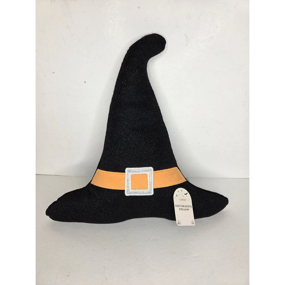 Halloween Witch Hat Shaped Decorative Pillow Black Orange Sparkle Shimmer Plush